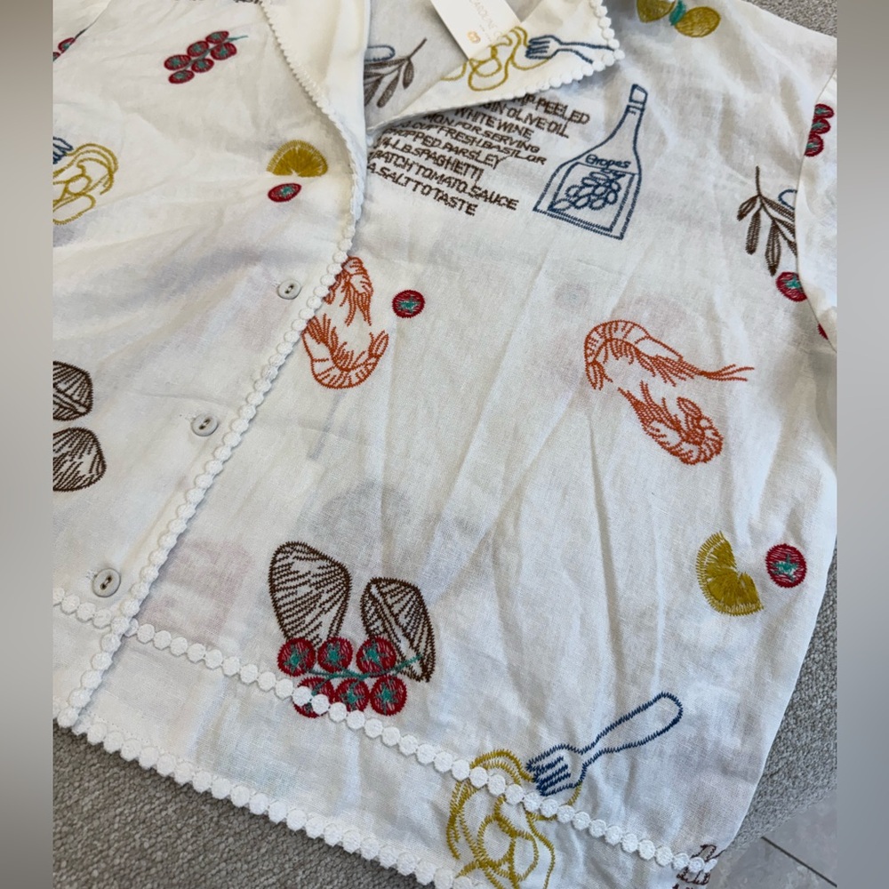 NWT Caroline Constas Frutti di Mare Embroidered Recipe Shirt - Size L - Picture 2 of 6